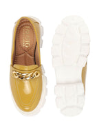 Shop Women Mustard Patent Leather Shiny Chain Buckle Classic Casual Slip On Loafer Shoes Online.