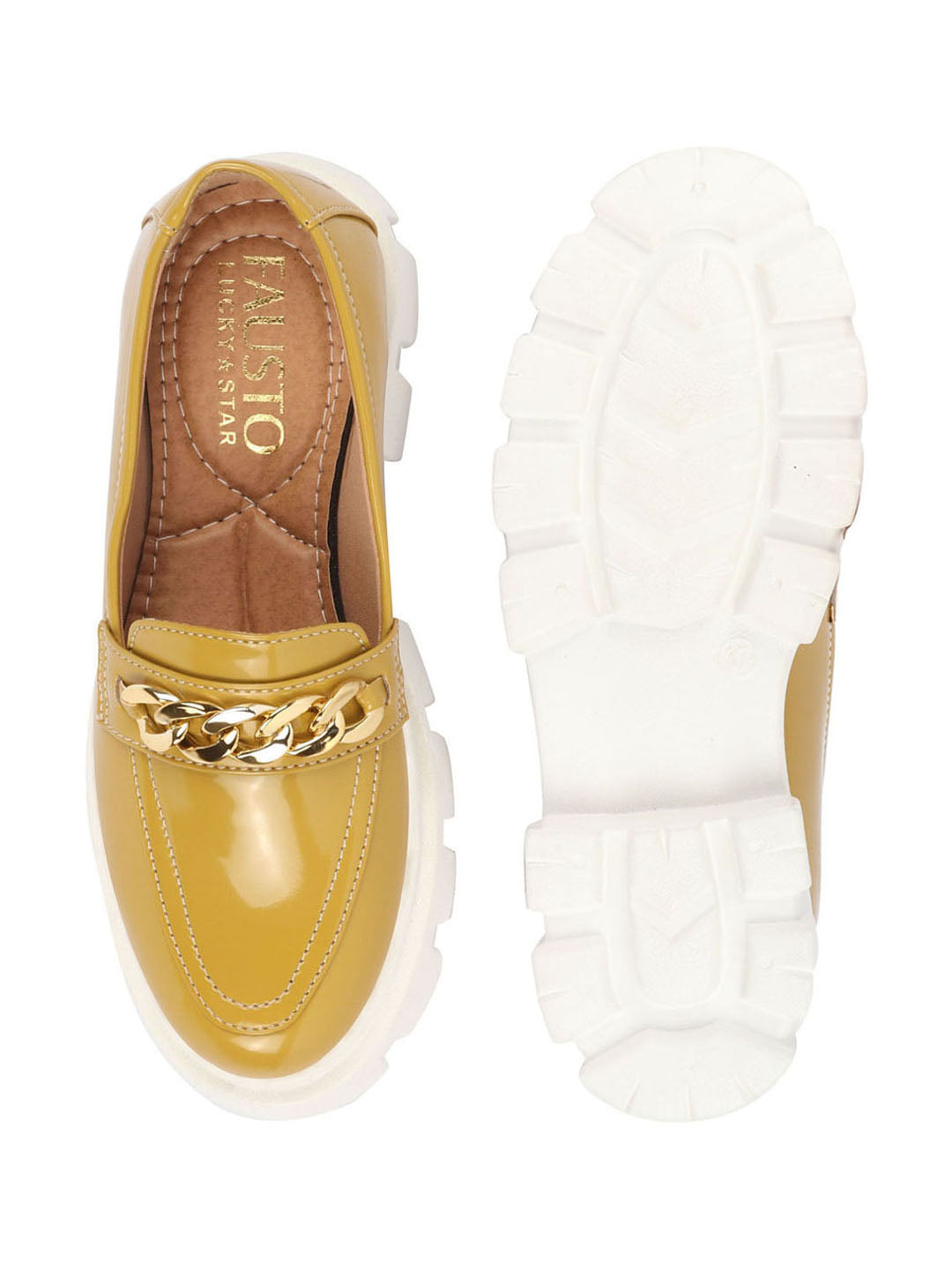 Shop Women Mustard Patent Leather Shiny Chain Buckle Classic Casual Slip On Loafer Shoes Online.