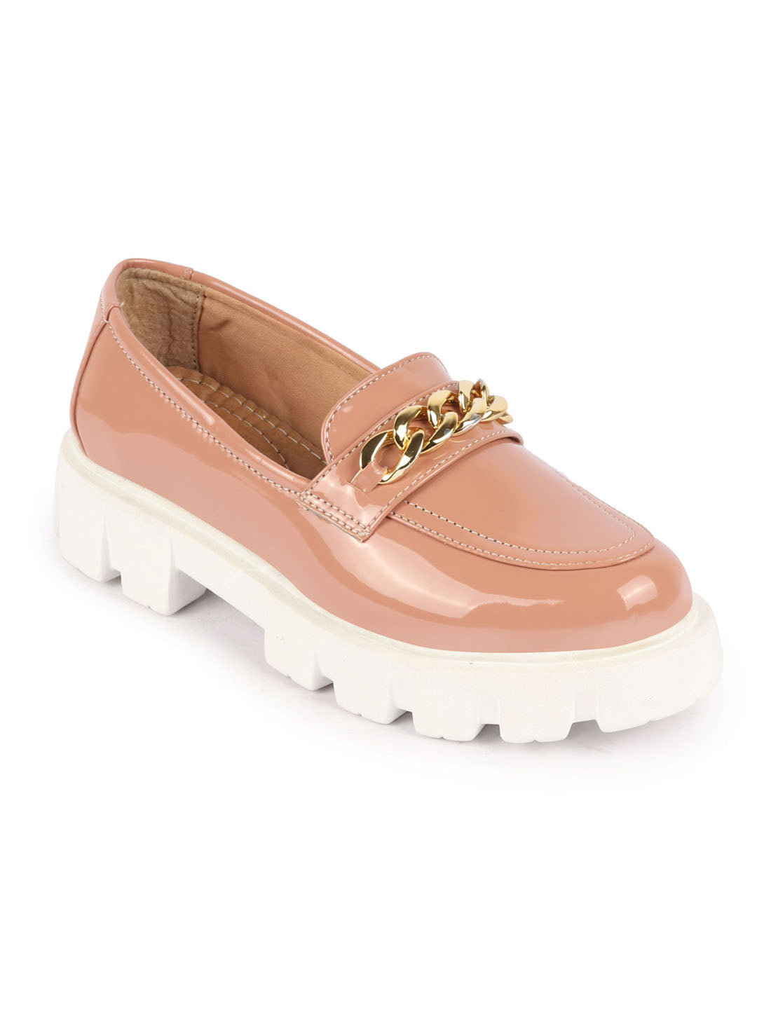 Shop Women Peach Patent Leather Shiny Chain Buckle Classic Casual Slip On Loafer Shoes Online.