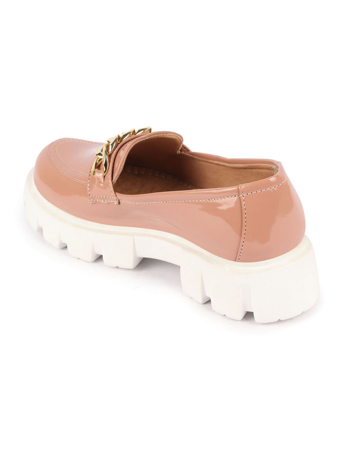 Shop Women Peach Patent Leather Shiny Chain Buckle Classic Casual Slip On Loafer Shoes Online.