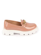 Shop Women Peach Patent Leather Shiny Chain Buckle Classic Casual Slip On Loafer Shoes Online.