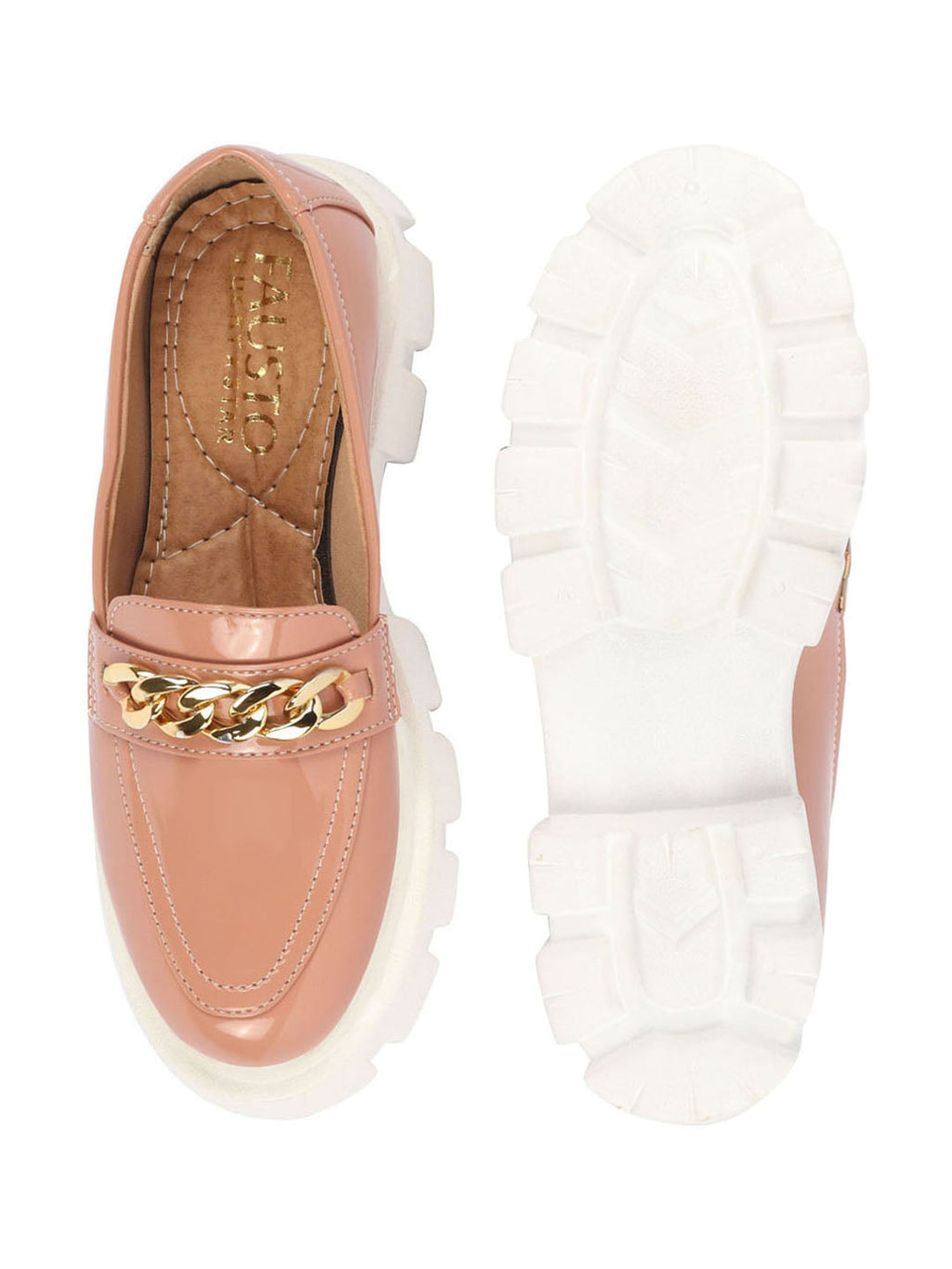 Shop Women Peach Patent Leather Shiny Chain Buckle Classic Casual Slip On Loafer Shoes Online.