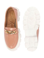 Shop Women Peach Patent Leather Shiny Chain Buckle Classic Casual Slip On Loafer Shoes Online.