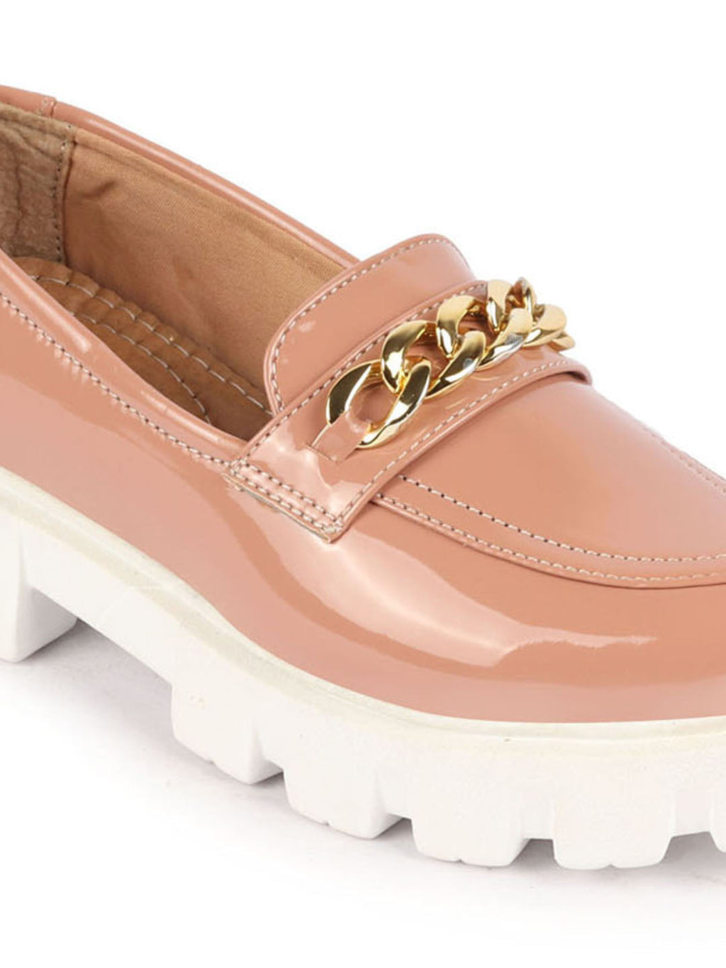 Shop Women Peach Patent Leather Shiny Chain Buckle Classic Casual Slip On Loafer Shoes Online.