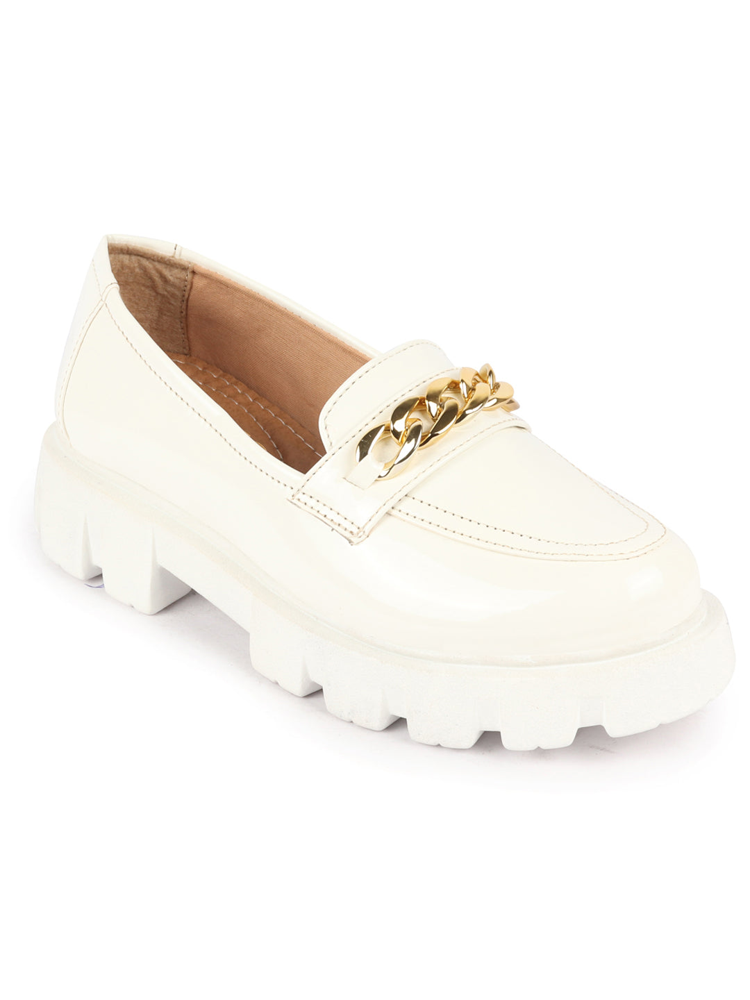Shop Women White Patent Leather Shiny Chain Buckle Classic Casual Slip On Loafer Shoes Online.