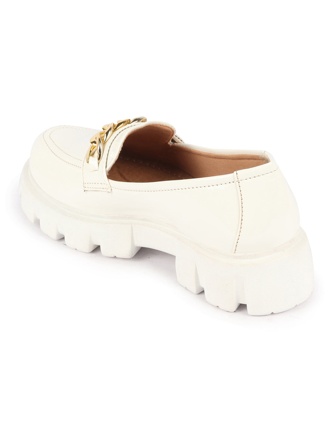 Shop Women White Patent Leather Shiny Chain Buckle Classic Casual Slip On Loafer Shoes Online.