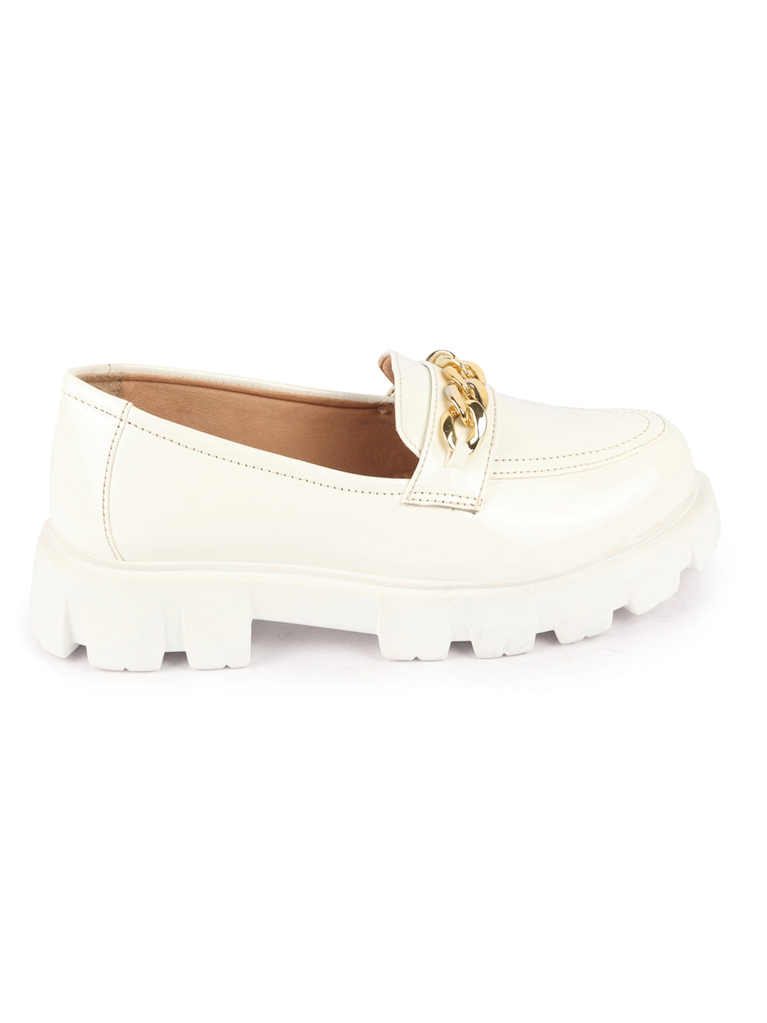 Shop Women White Patent Leather Shiny Chain Buckle Classic Casual Slip On Loafer Shoes Online.