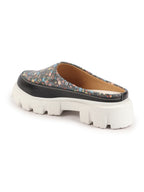 Shop Women Black Stiched Floral Print Back Open Height Enhancer Slip On Casual Shoes Online.