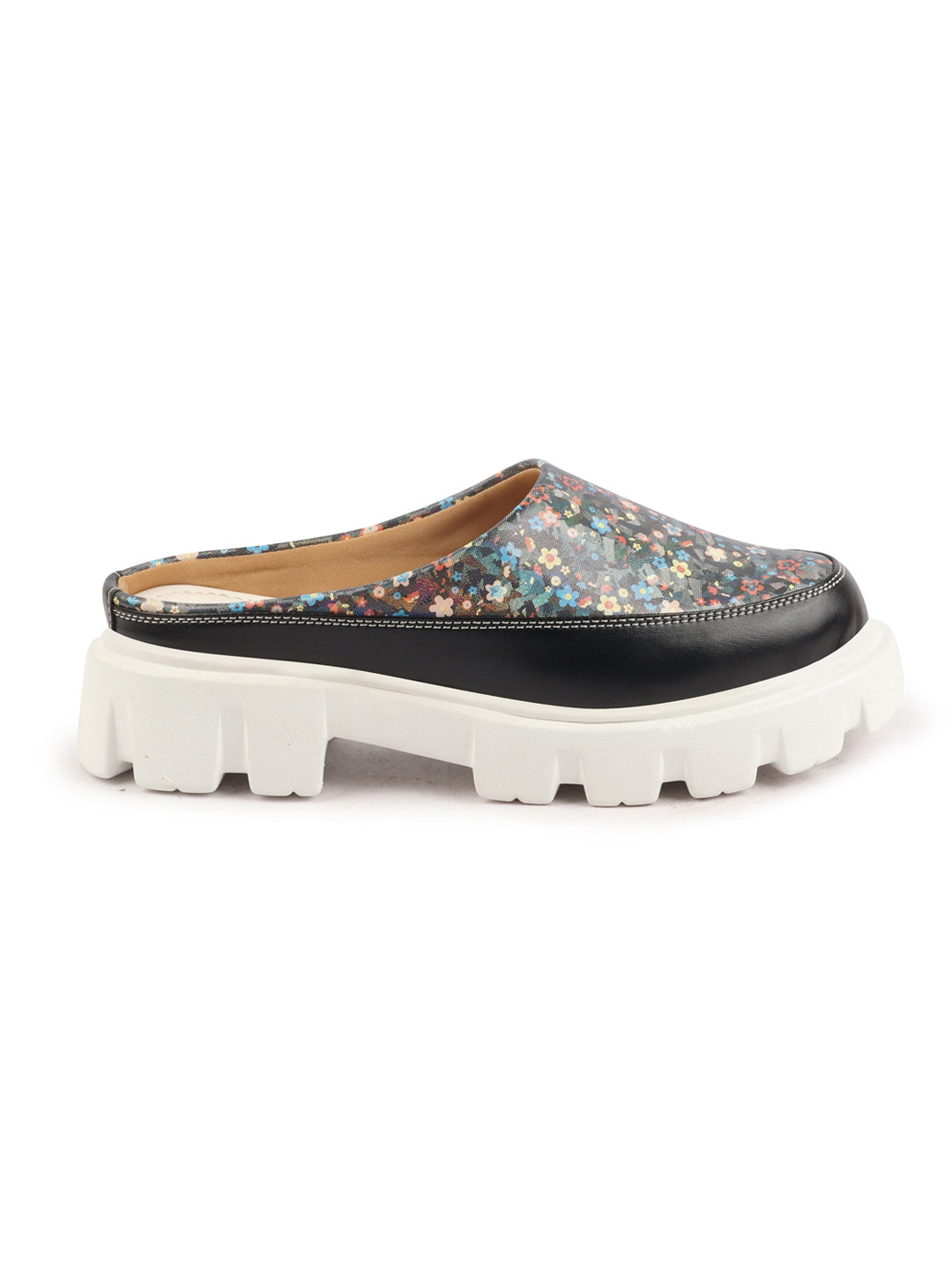 Shop Women Black Stiched Floral Print Back Open Height Enhancer Slip On Casual Shoes Online.