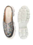 Shop Women Black Stiched Floral Print Back Open Height Enhancer Slip On Casual Shoes Online.