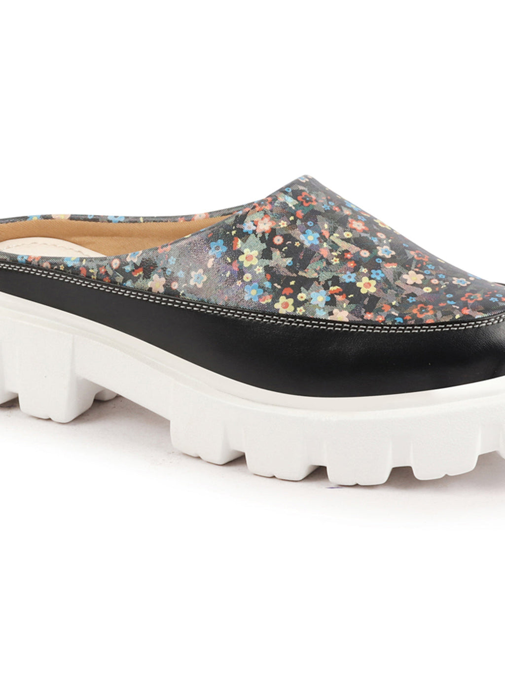 Shop Women Black Stiched Floral Print Back Open Height Enhancer Slip On Casual Shoes Online.