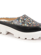 Shop Women Black Stiched Floral Print Back Open Height Enhancer Slip On Casual Shoes Online.