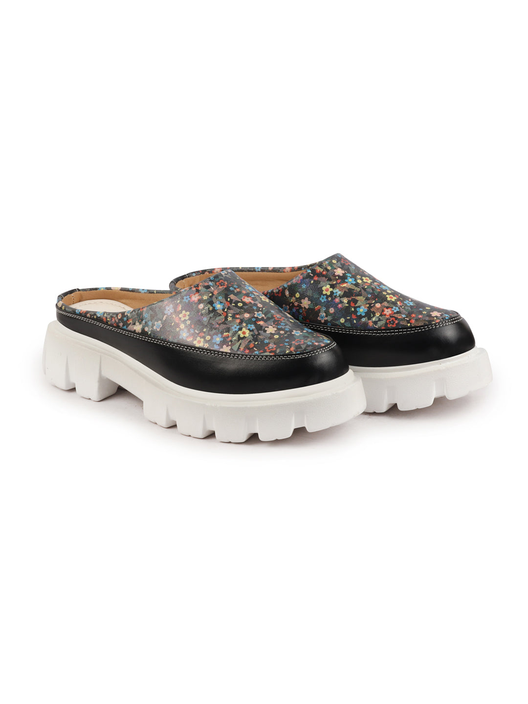 Shop Women Black Stiched Floral Print Back Open Height Enhancer Slip On Casual Shoes Online.