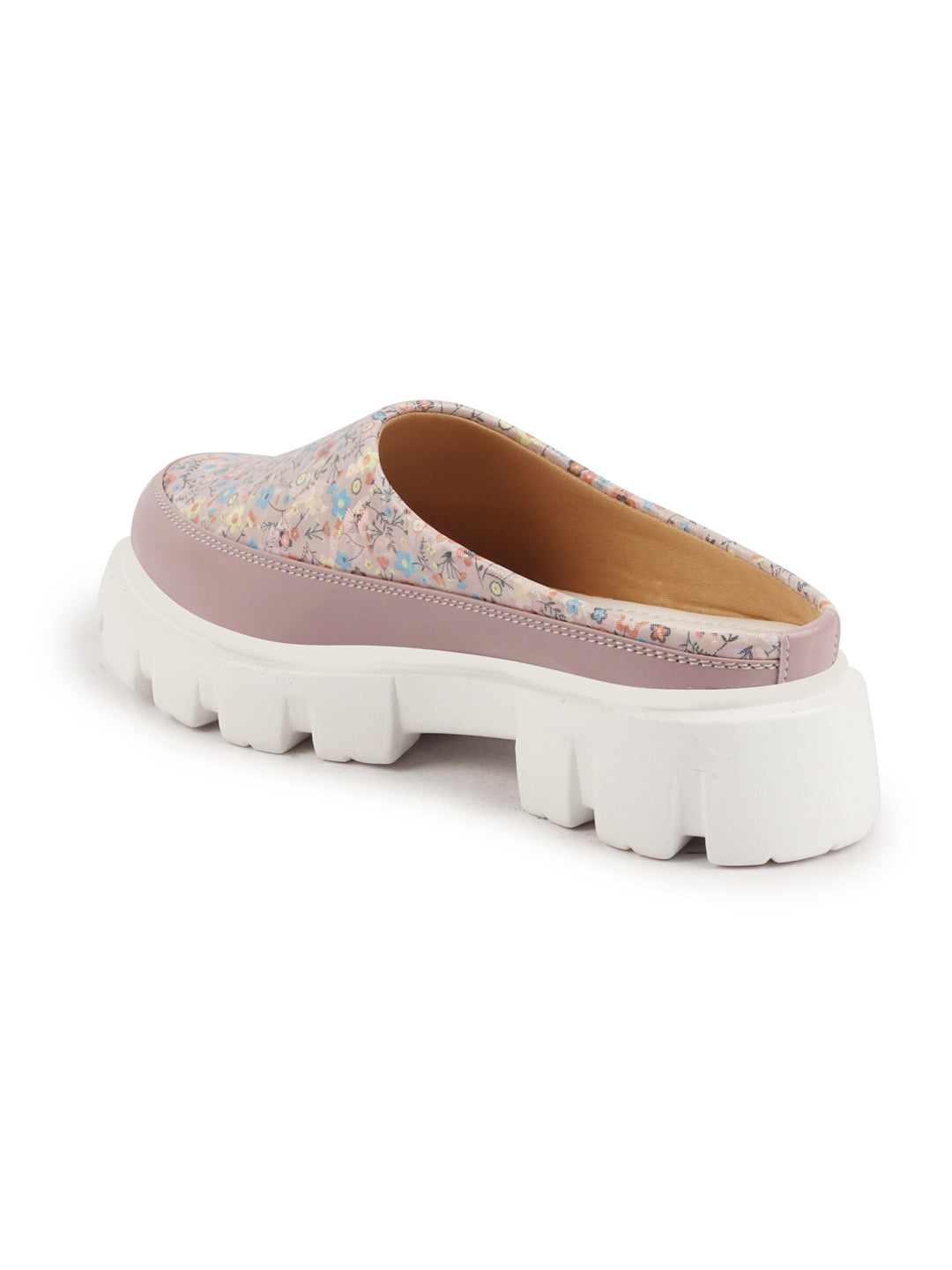 Shop Women Peach Stiched Floral Print Back Open Height Enhancer Slip On Casual Shoes Online.