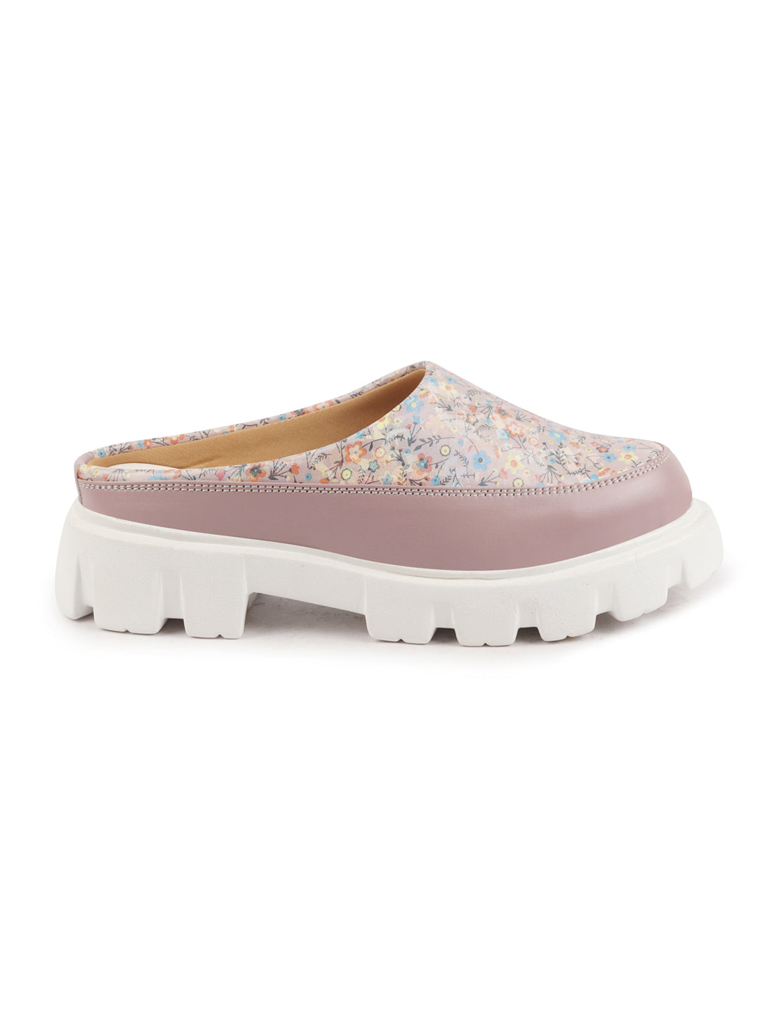 Shop Women Peach Stiched Floral Print Back Open Height Enhancer Slip On Casual Shoes Online.