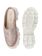 Shop Women Peach Stiched Floral Print Back Open Height Enhancer Slip On Casual Shoes Online.