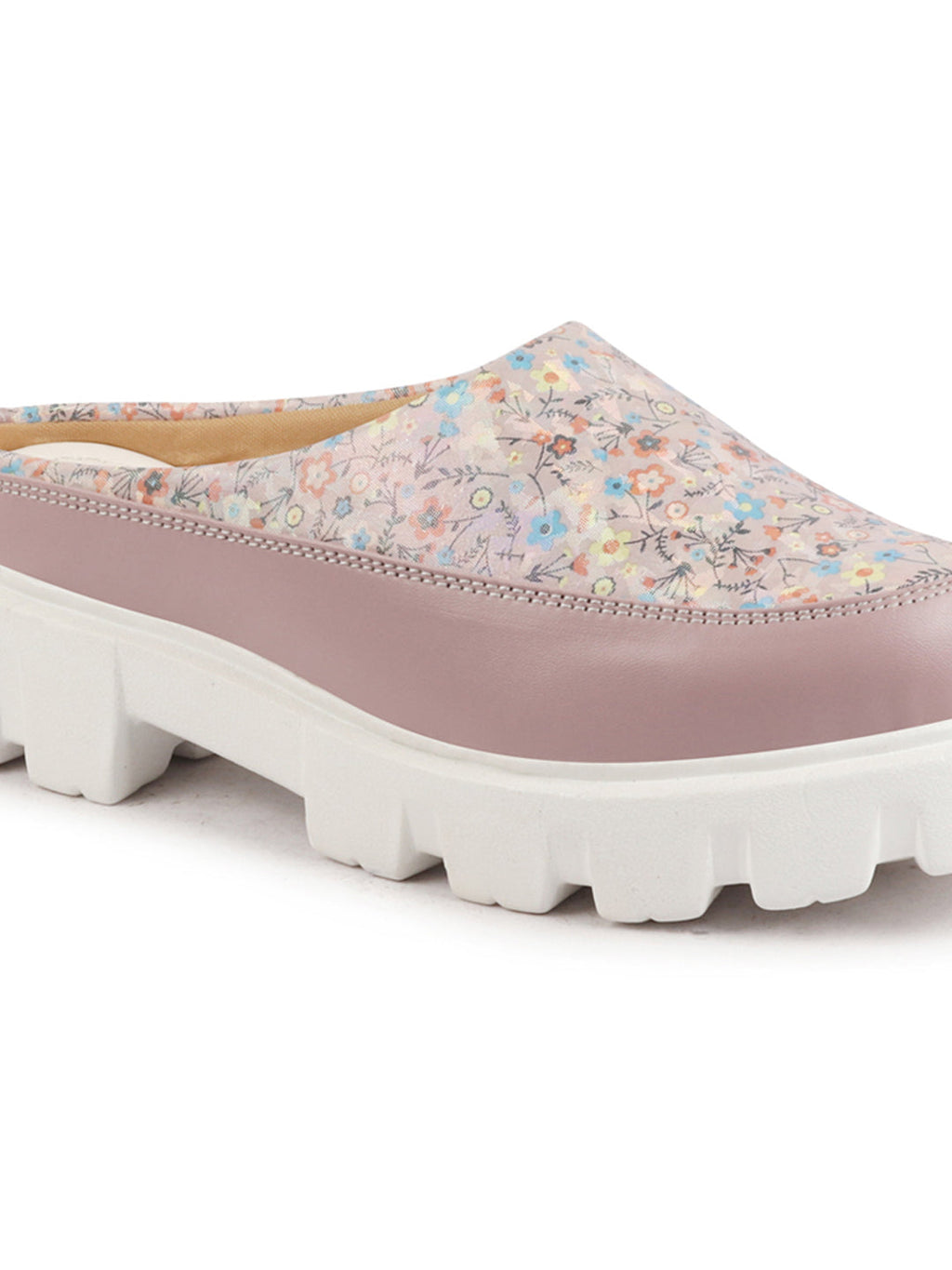 Shop Women Peach Stiched Floral Print Back Open Height Enhancer Slip On Casual Shoes Online.