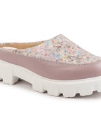 Shop Women Peach Stiched Floral Print Back Open Height Enhancer Slip On Casual Shoes Online.