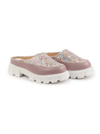 Shop Women Peach Stiched Floral Print Back Open Height Enhancer Slip On Casual Shoes Online.
