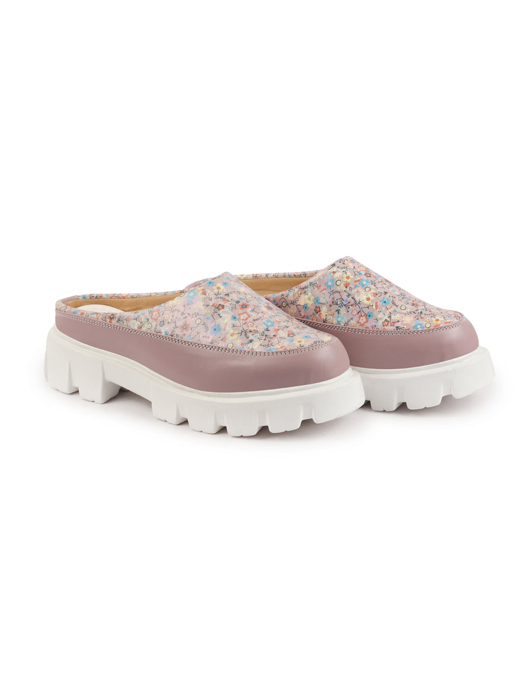 Shop Women Peach Stiched Floral Print Back Open Height Enhancer Slip On Casual Shoes Online.