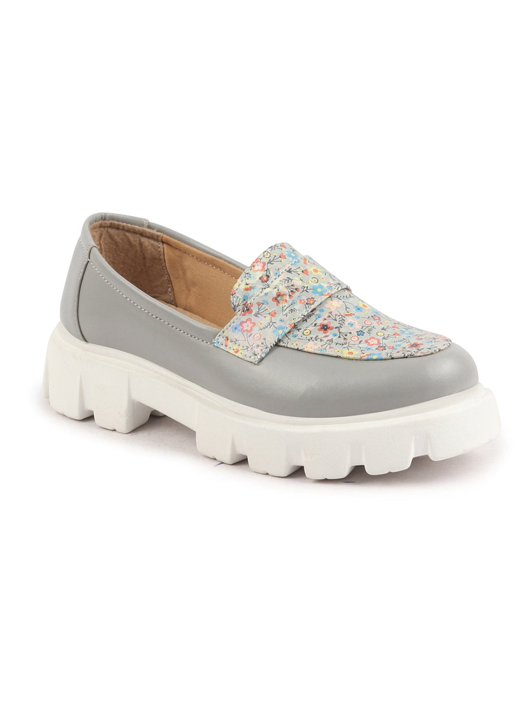 Shop Women Grey Stiched Floral Print Classic Weekend Party Slip On Casual Shoes Online.