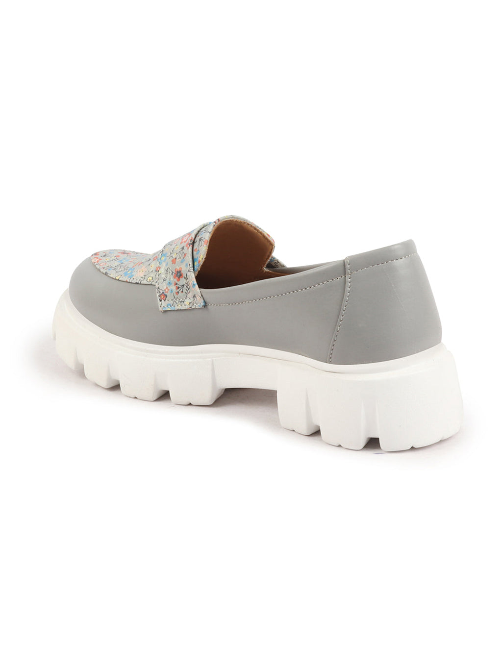 Shop Women Grey Stiched Floral Print Classic Weekend Party Slip On Casual Shoes Online.