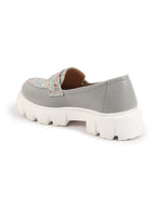 Shop Women Grey Stiched Floral Print Classic Weekend Party Slip On Casual Shoes Online.