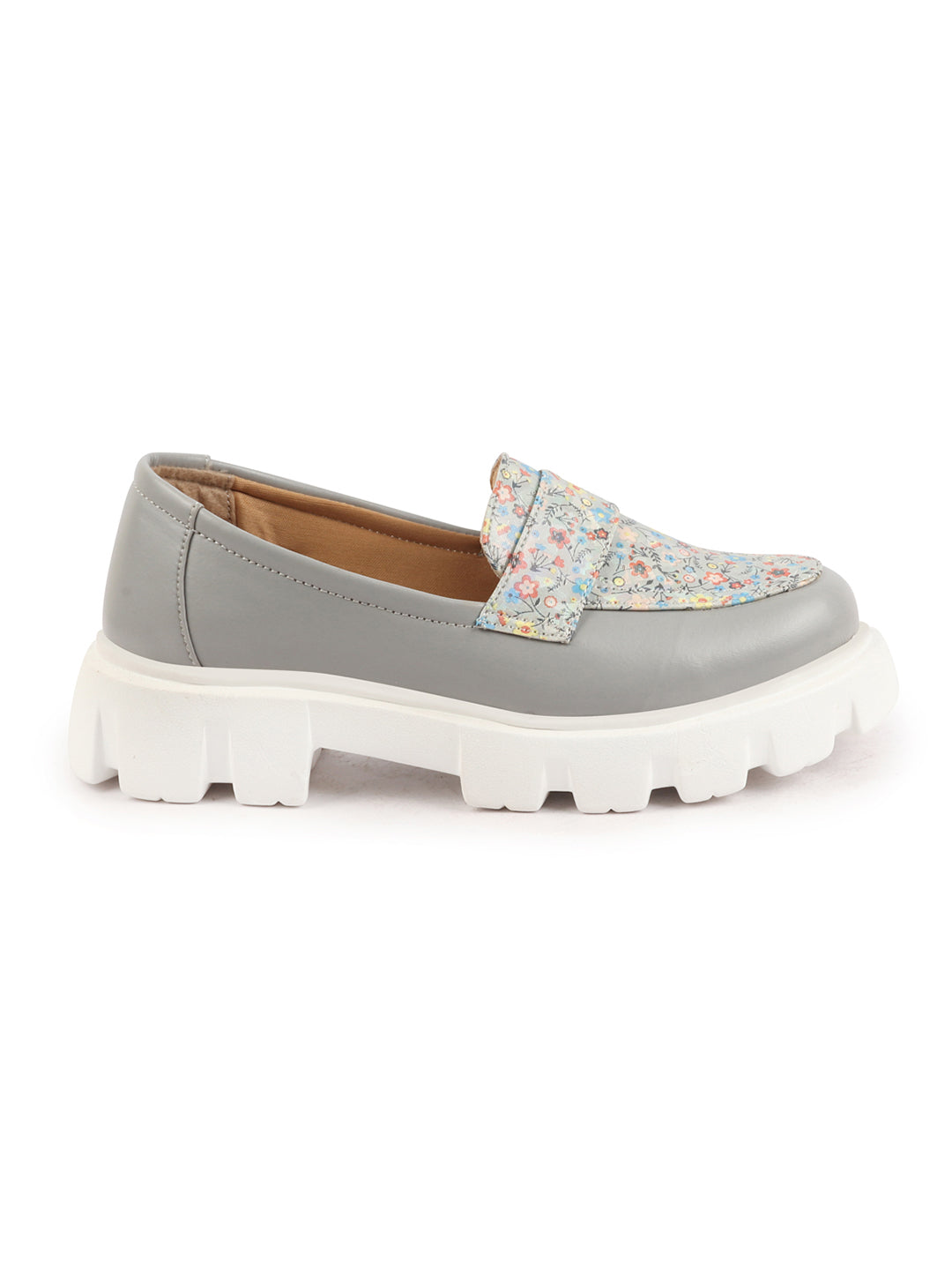Shop Women Grey Stiched Floral Print Classic Weekend Party Slip On Casual Shoes Online.