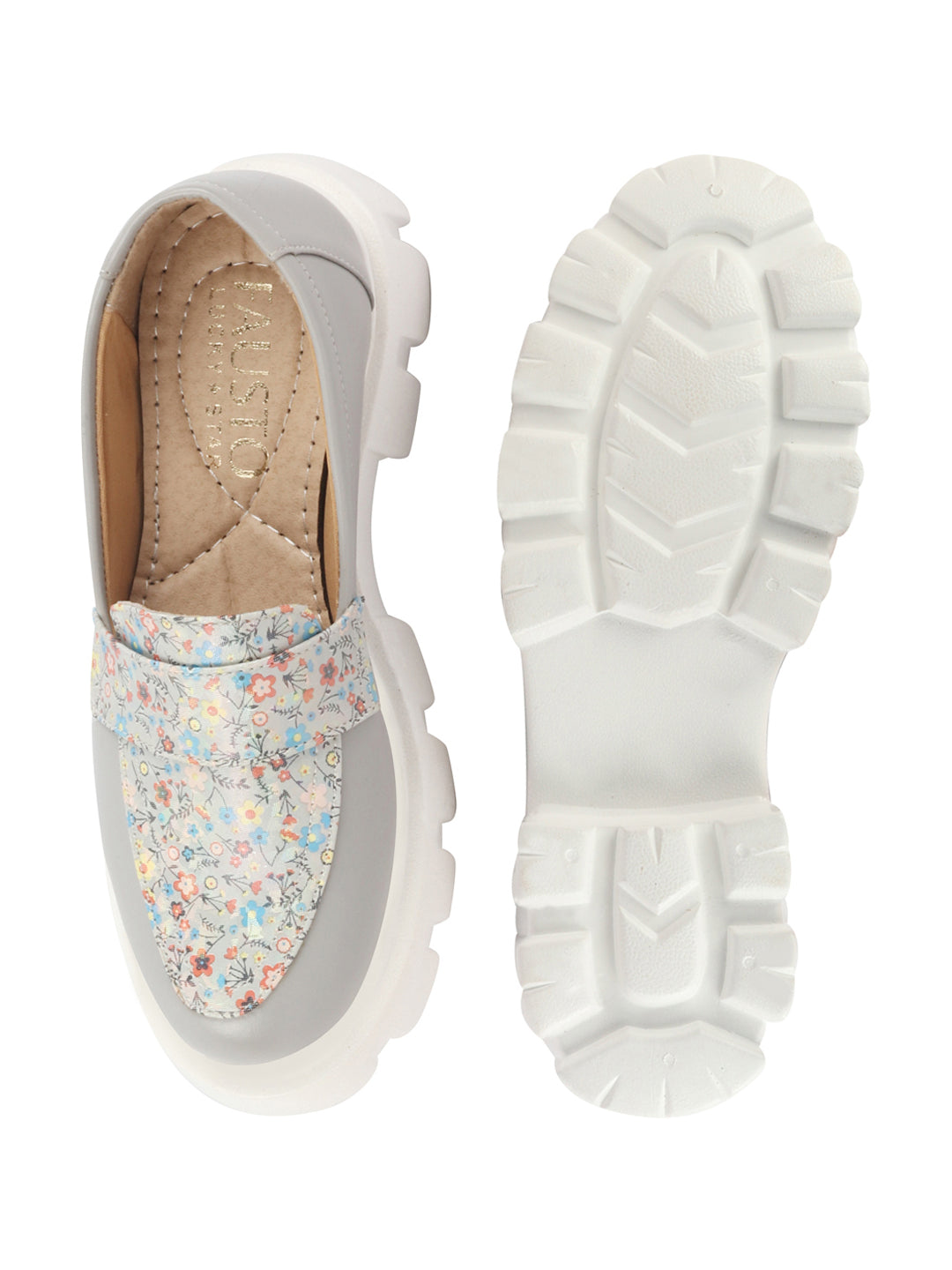 Shop Women Grey Stiched Floral Print Classic Weekend Party Slip On Casual Shoes Online.