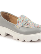 Shop Women Grey Stiched Floral Print Classic Weekend Party Slip On Casual Shoes Online.