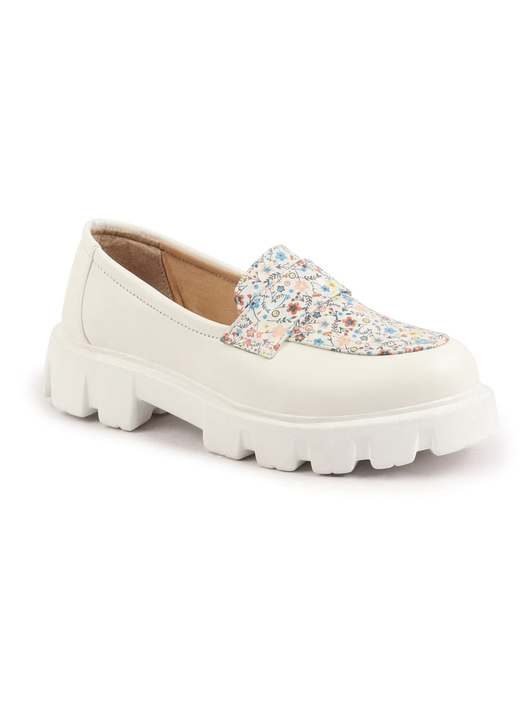 Shop Women White Stiched Floral Print Classic Weekend Party Slip On Casual Shoes Online.