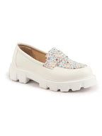Shop Women White Stiched Floral Print Classic Weekend Party Slip On Casual Shoes Online.