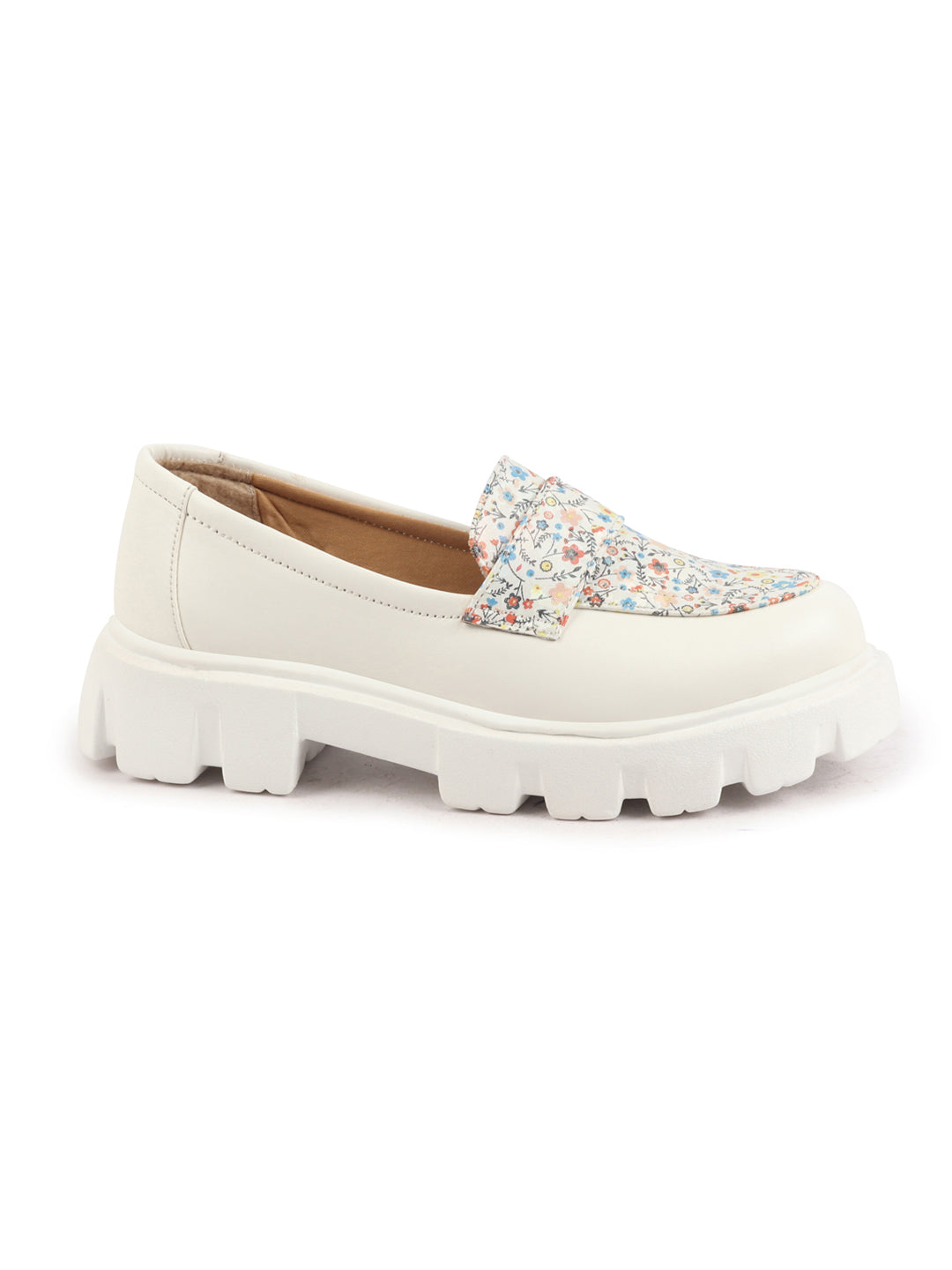 Shop Women White Stiched Floral Print Classic Weekend Party Slip On Casual Shoes Online.