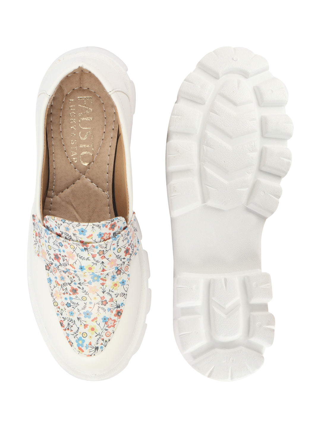 Shop Women White Stiched Floral Print Classic Weekend Party Slip On Casual Shoes Online.