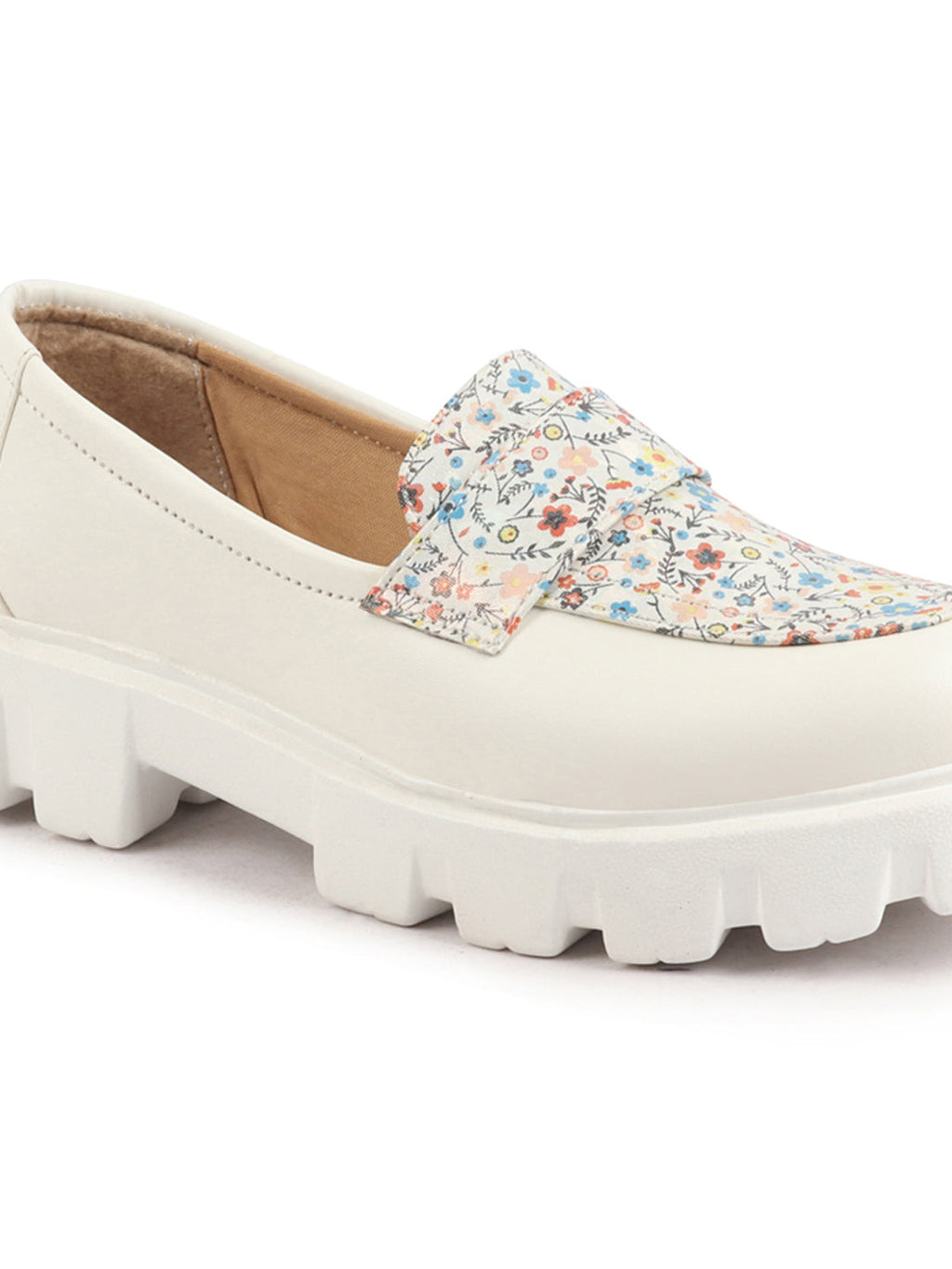 Shop Women White Stiched Floral Print Classic Weekend Party Slip On Casual Shoes Online.