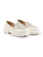 Shop Women White Stiched Floral Print Classic Weekend Party Slip On Casual Shoes Online.