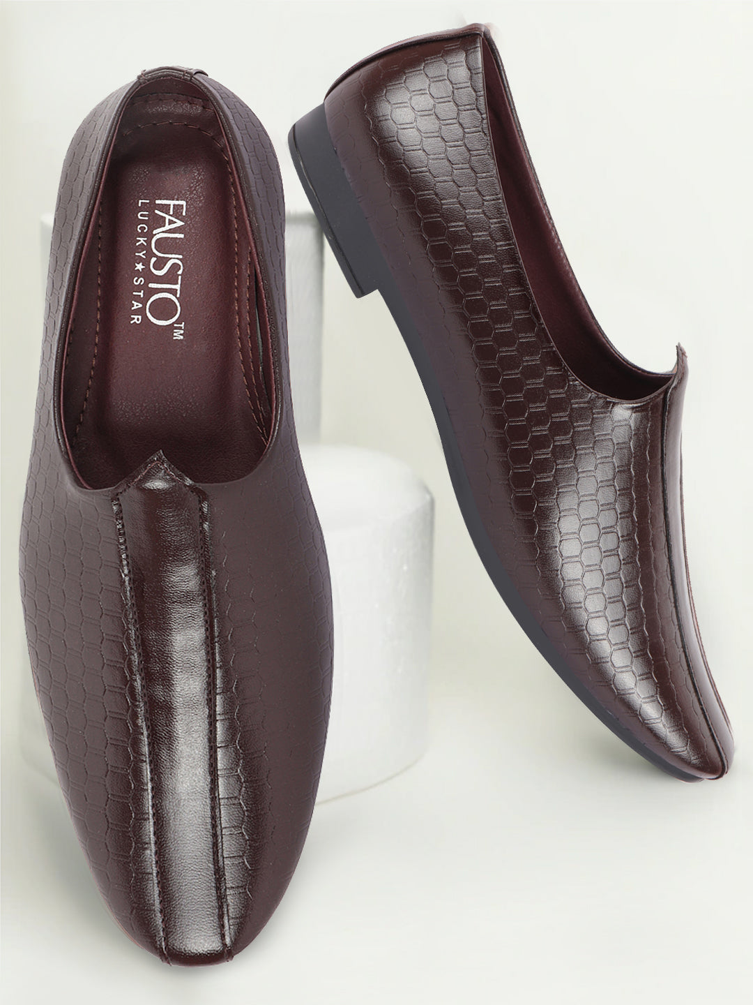 Shop Basics Men Brown Embossed Design Ethnic Slip On Juttis and Mojaris Online.
