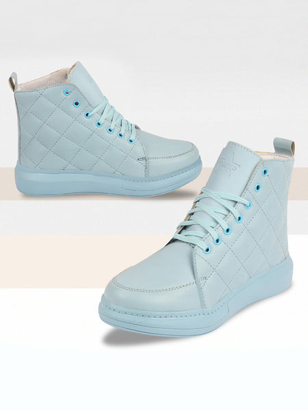 Women Sky Blue High Ankle Top Wedge Heels Stitched Design