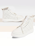 Women White High Ankle Top Wedge Heels Stitched Design Lace Up Sneakers Shoes