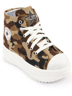 Shop Women Beige High Ankle Top Wedge Heels Camouflage Print Canvas Lace Up Sneakers Shoes Online.