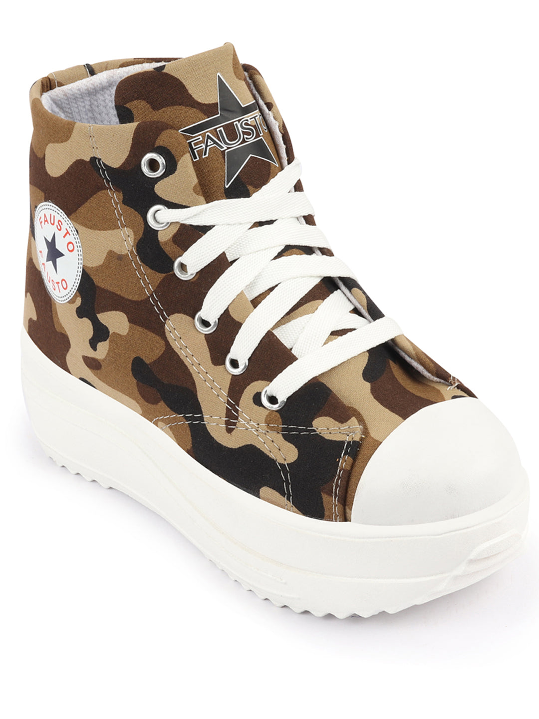 Shop Women Beige High Ankle Top Wedge Heels Camouflage Print Canvas Lace Up Sneakers Shoes Online.
