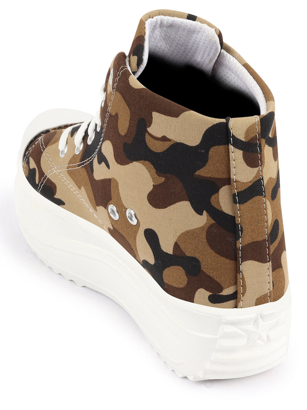 Shop Women Beige High Ankle Top Wedge Heels Camouflage Print Canvas Lace Up Sneakers Shoes Online.