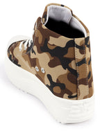 Shop Women Beige High Ankle Top Wedge Heels Camouflage Print Canvas Lace Up Sneakers Shoes Online.