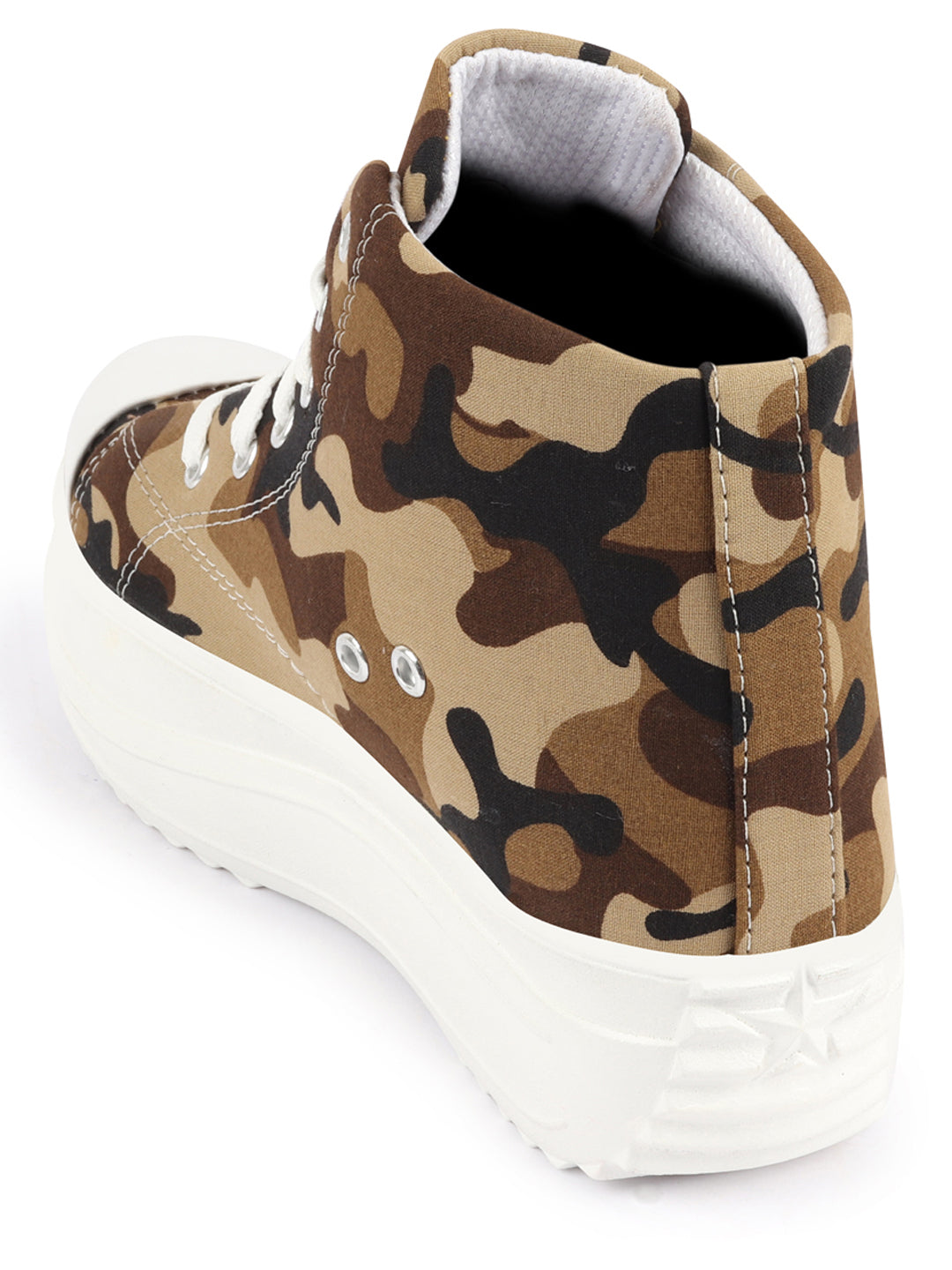 Shop Women Beige High Ankle Top Wedge Heels Camouflage Print Canvas Lace Up Sneakers Shoes Online.
