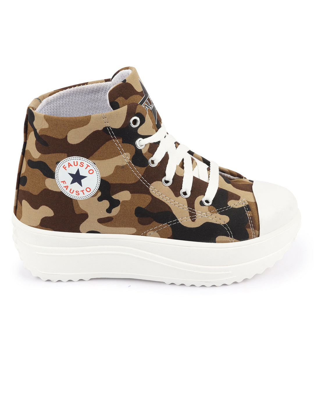 Shop Women Beige High Ankle Top Wedge Heels Camouflage Print Canvas Lace Up Sneakers Shoes Online.