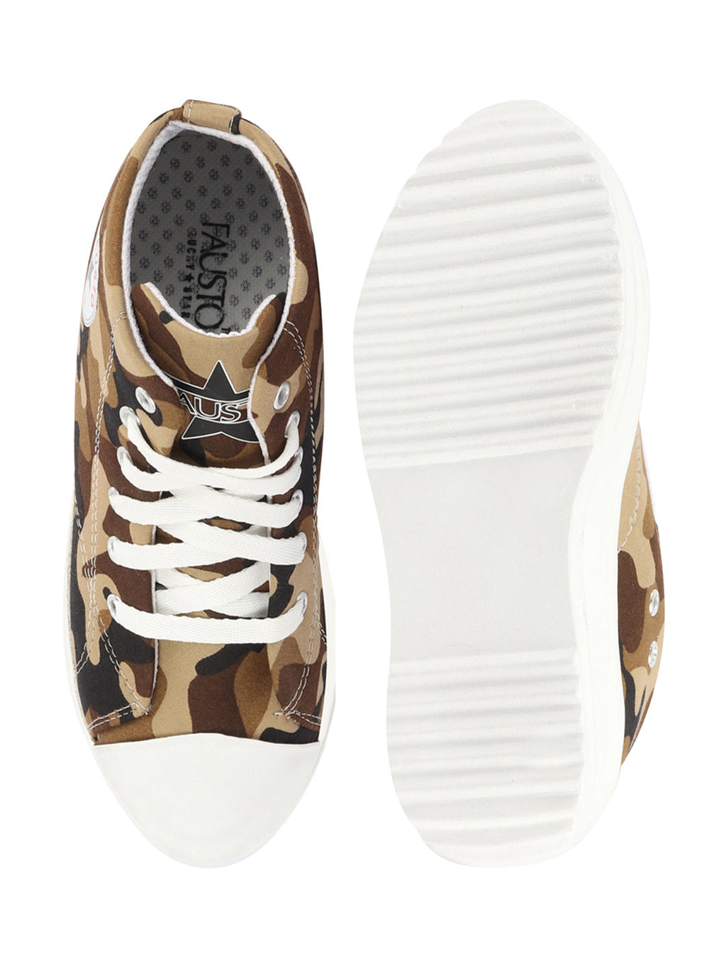 Shop Women Beige High Ankle Top Wedge Heels Camouflage Print Canvas Lace Up Sneakers Shoes Online.