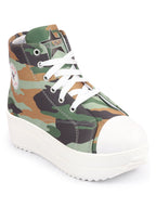 Shop Women Olive Green High Ankle Top Wedge Heels Camouflage Print Canvas Lace Up Sneakers Shoes Online.