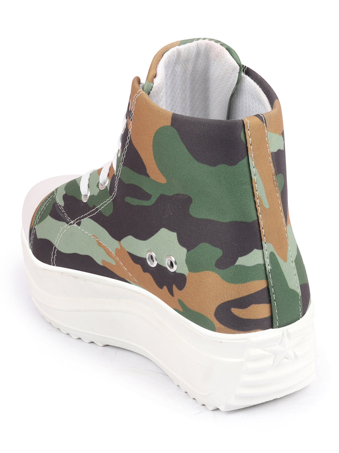 Shop Women Olive Green High Ankle Top Wedge Heels Camouflage Print Canvas Lace Up Sneakers Shoes Online.
