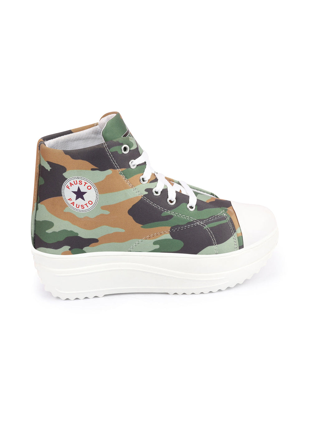 Shop Women Olive Green High Ankle Top Wedge Heels Camouflage Print Canvas Lace Up Sneakers Shoes Online.