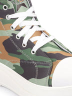 Shop Women Olive Green High Ankle Top Wedge Heels Camouflage Print Canvas Lace Up Sneakers Shoes Online.